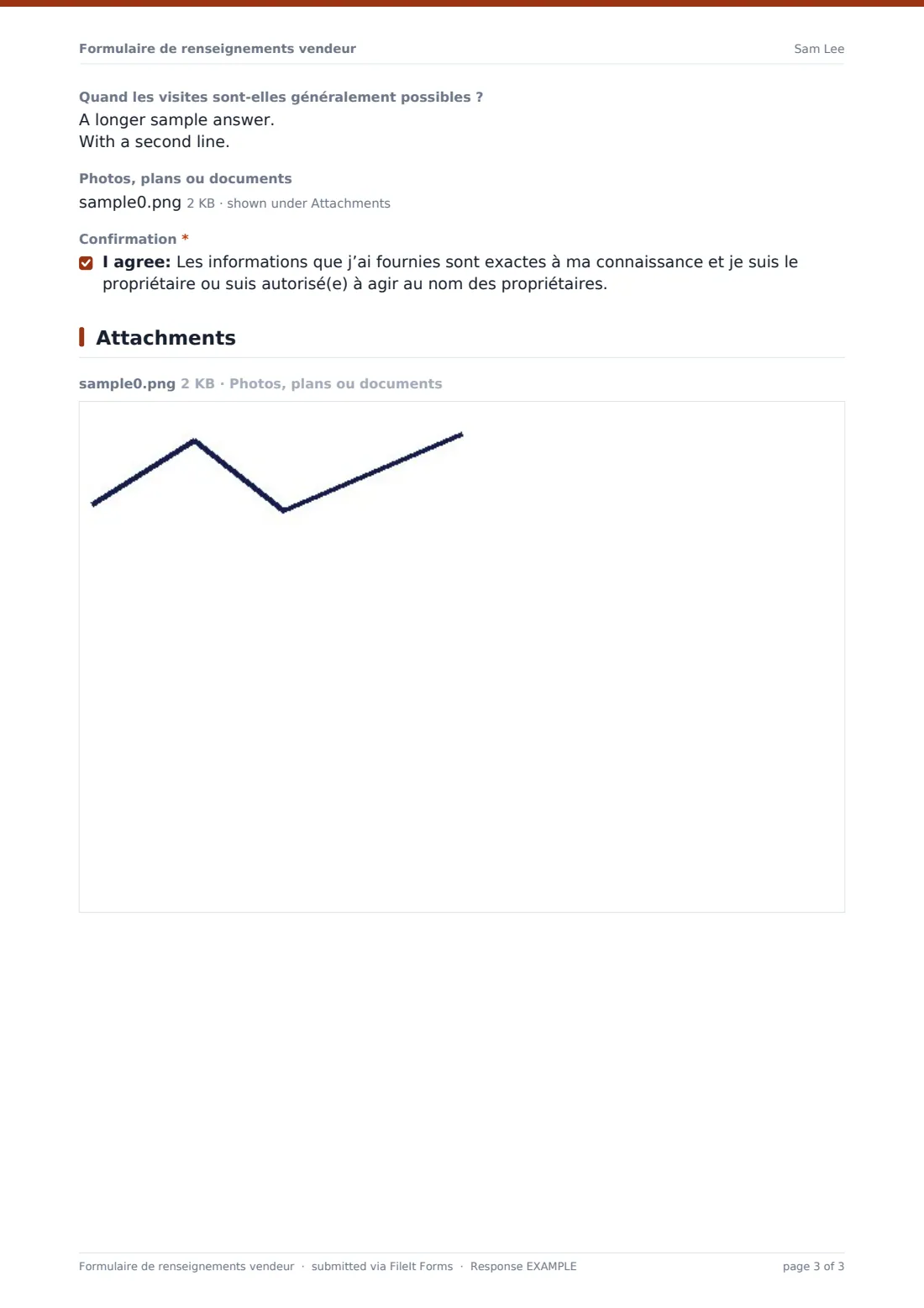 Formulaire de renseignements vendeur — exemple de réponse au format PDF, page 3 sur 3