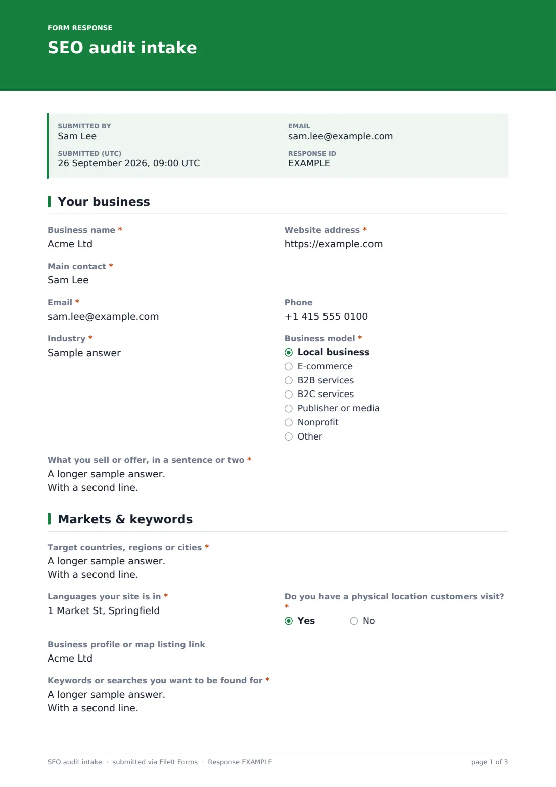 SEO audit intake — example response PDF, page 1 of 3