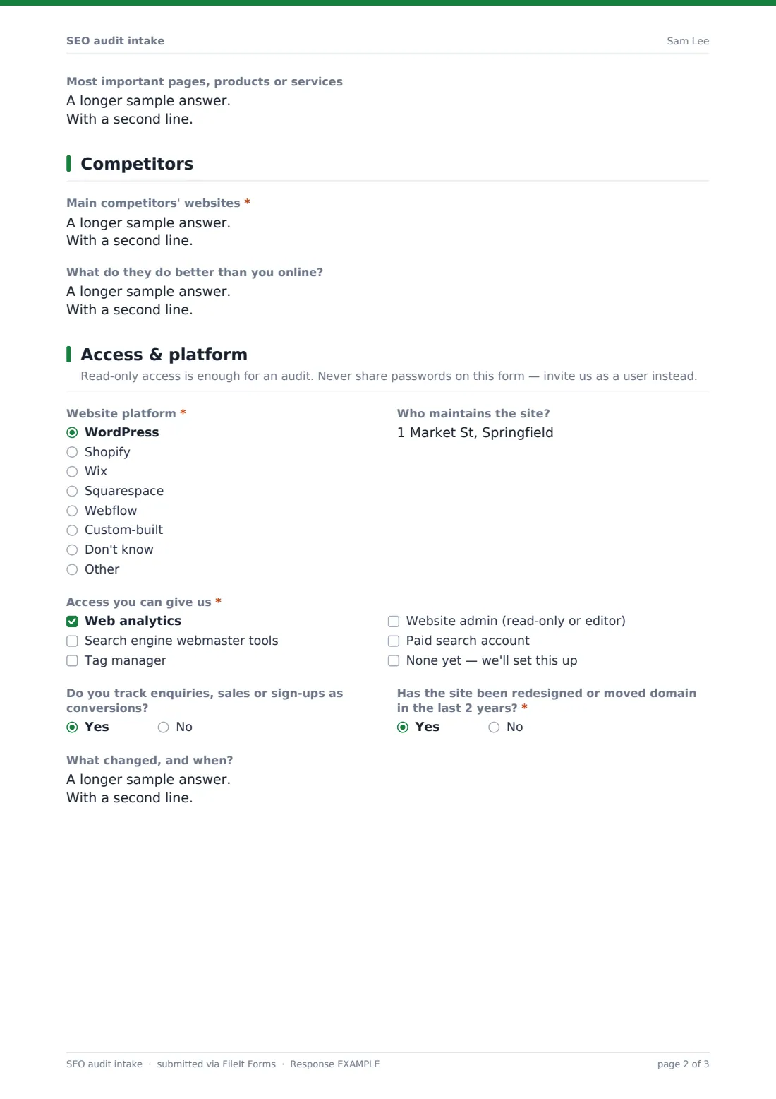 SEO audit intake — example response PDF, page 2 of 3