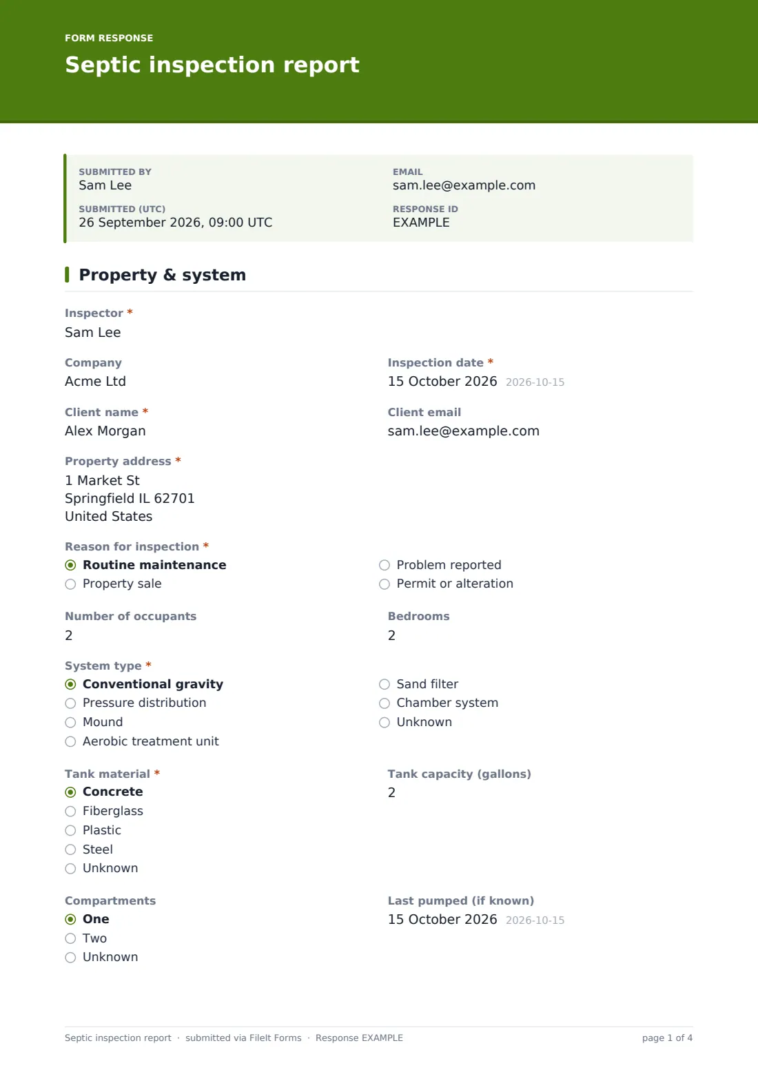 Septic inspection report — example response PDF, page 1 of 4
