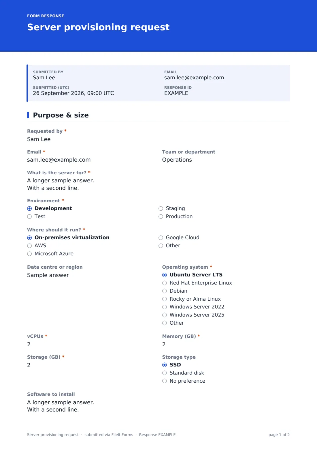Server provisioning request — example response PDF, page 1 of 2