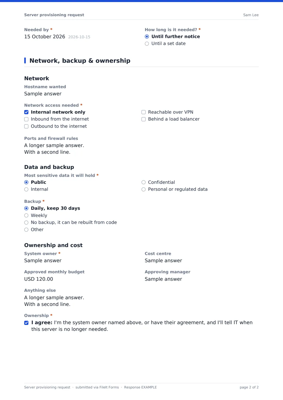Server provisioning request — example response PDF, page 2 of 2