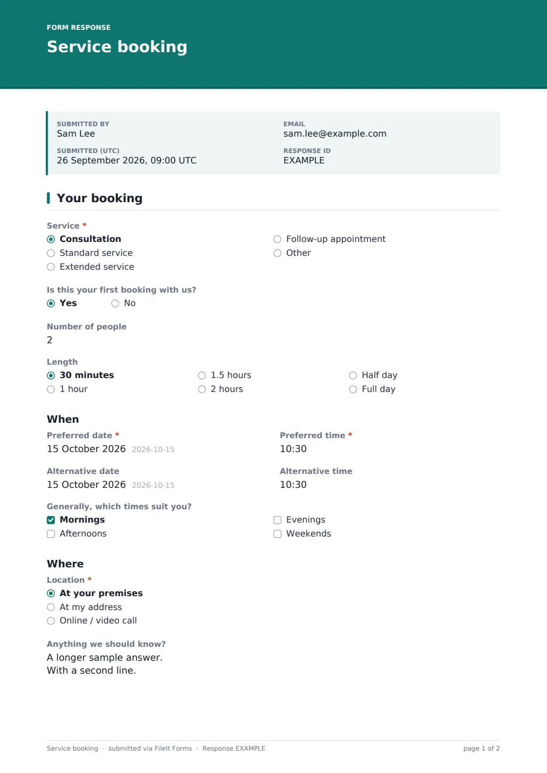 Service booking — example response PDF, page 1 of 2