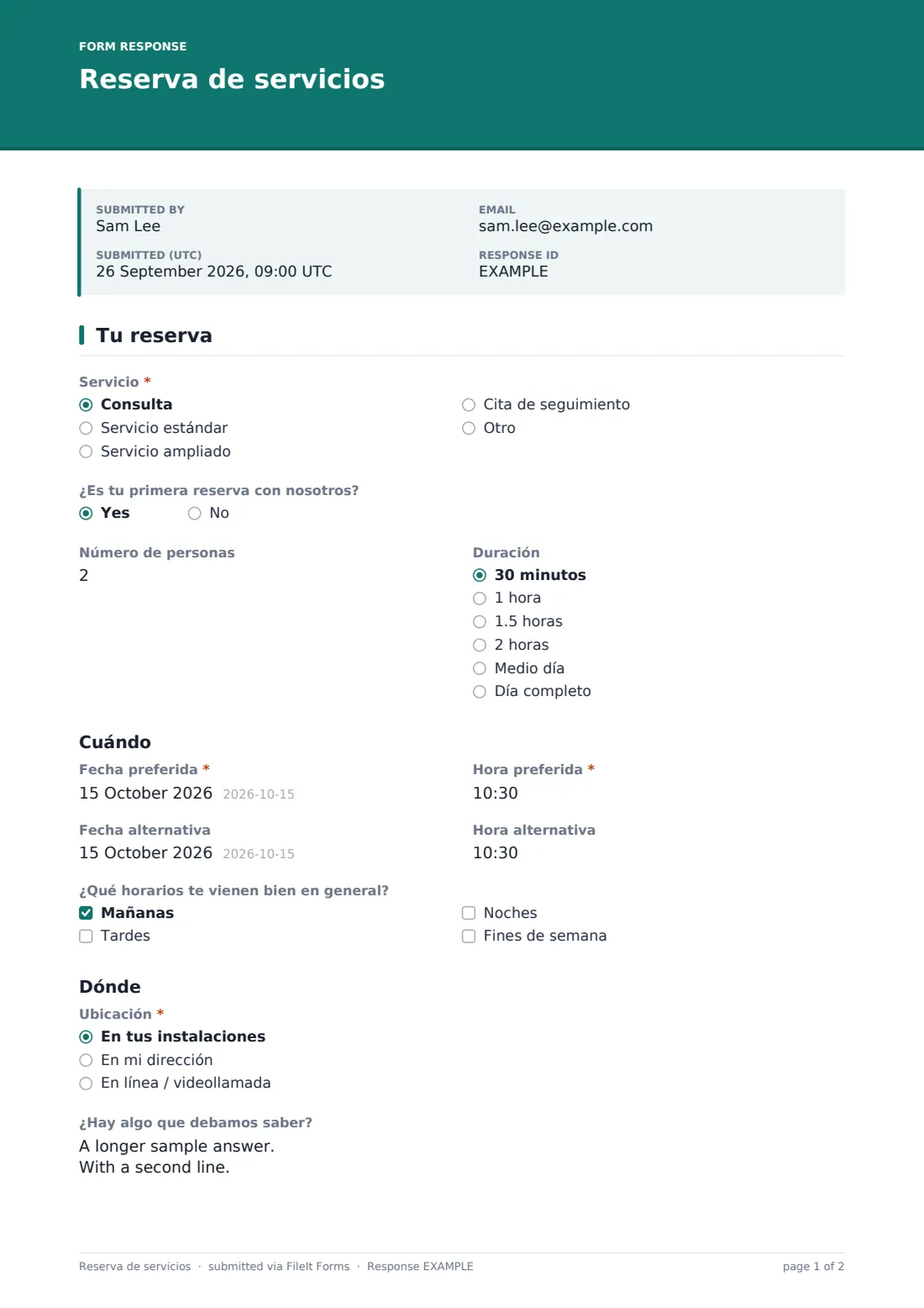 Reserva de servicios — PDF de respuesta de ejemplo, página 1 de 2