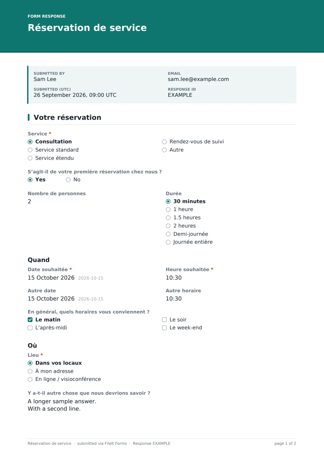 Réservation de service — exemple de réponse au format PDF, page 1 sur 2