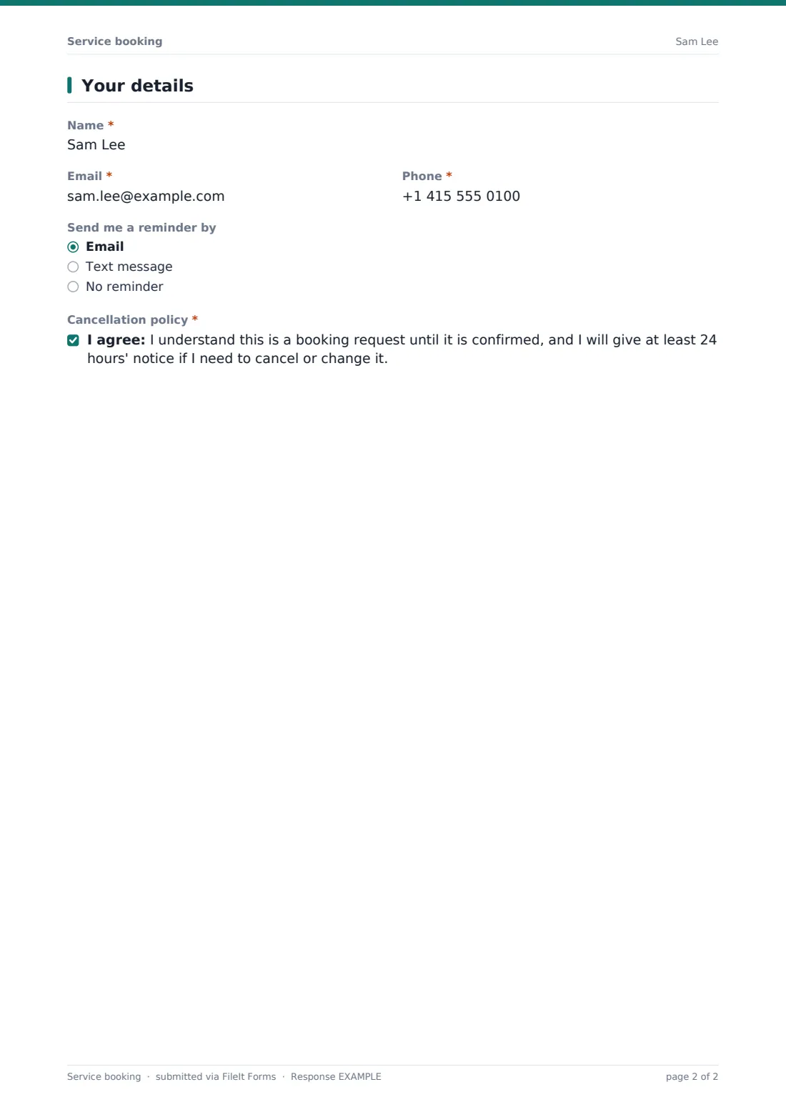 Service booking — example response PDF, page 2 of 2