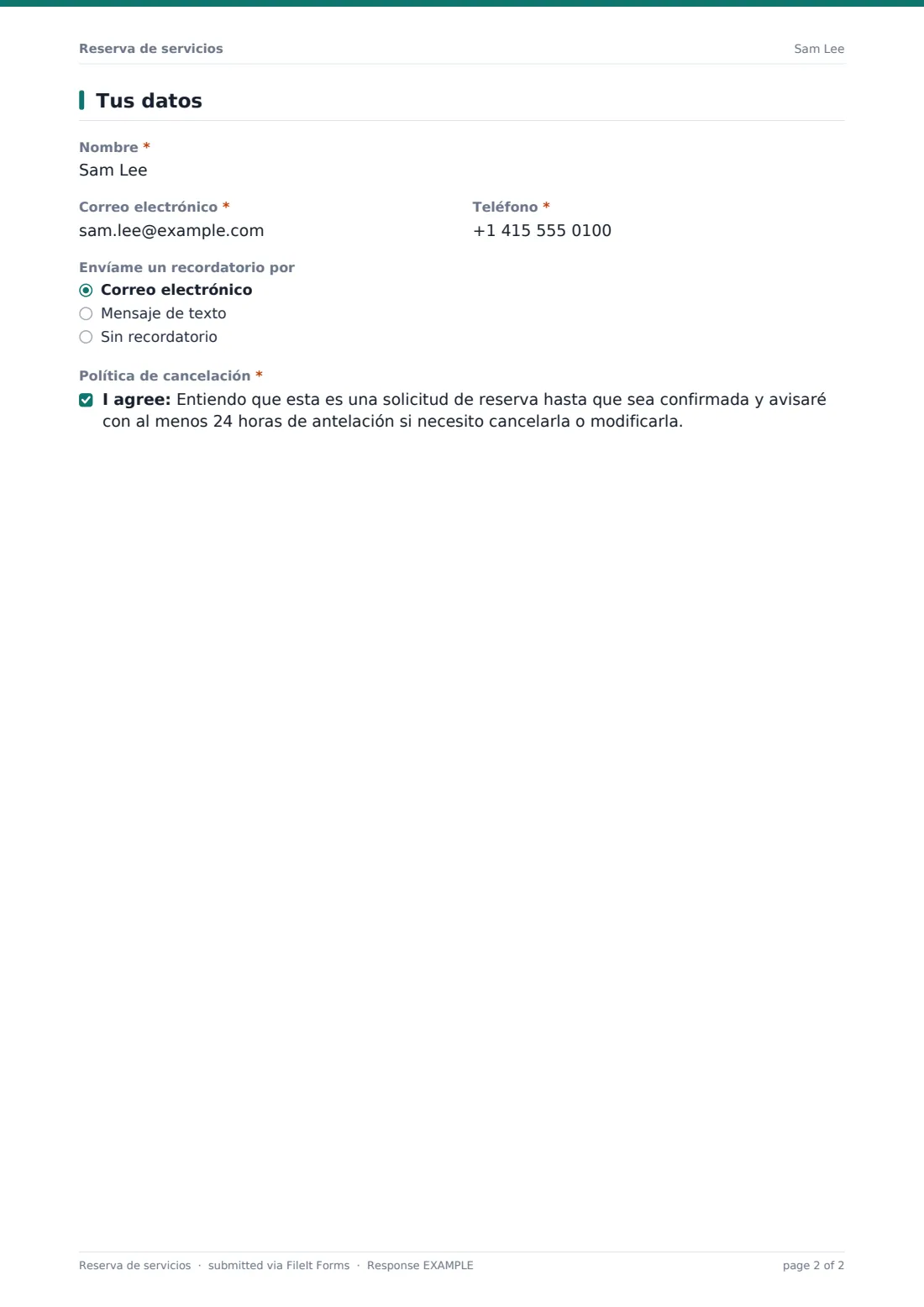Reserva de servicios — PDF de respuesta de ejemplo, página 2 de 2