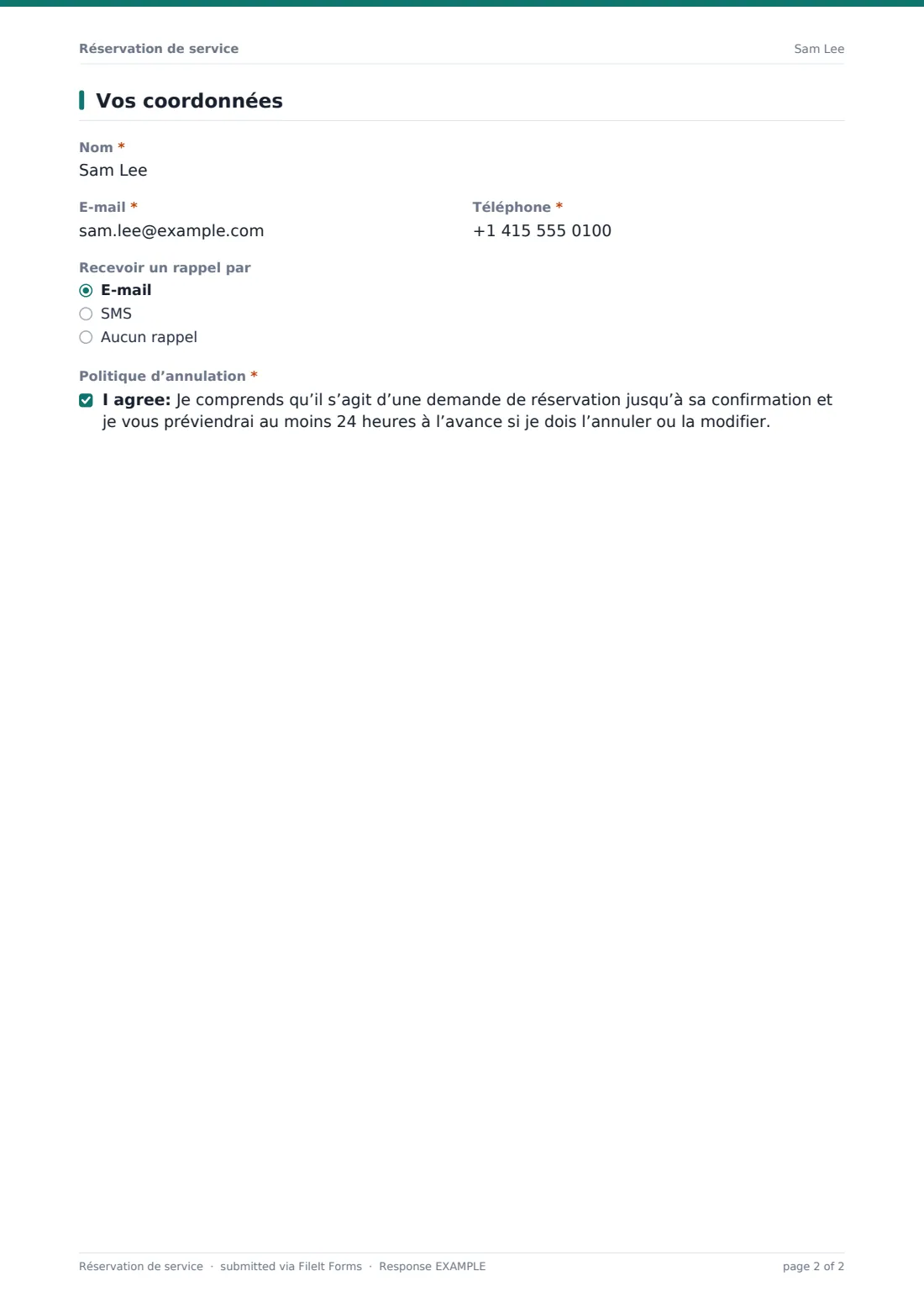 Réservation de service — exemple de réponse au format PDF, page 2 sur 2