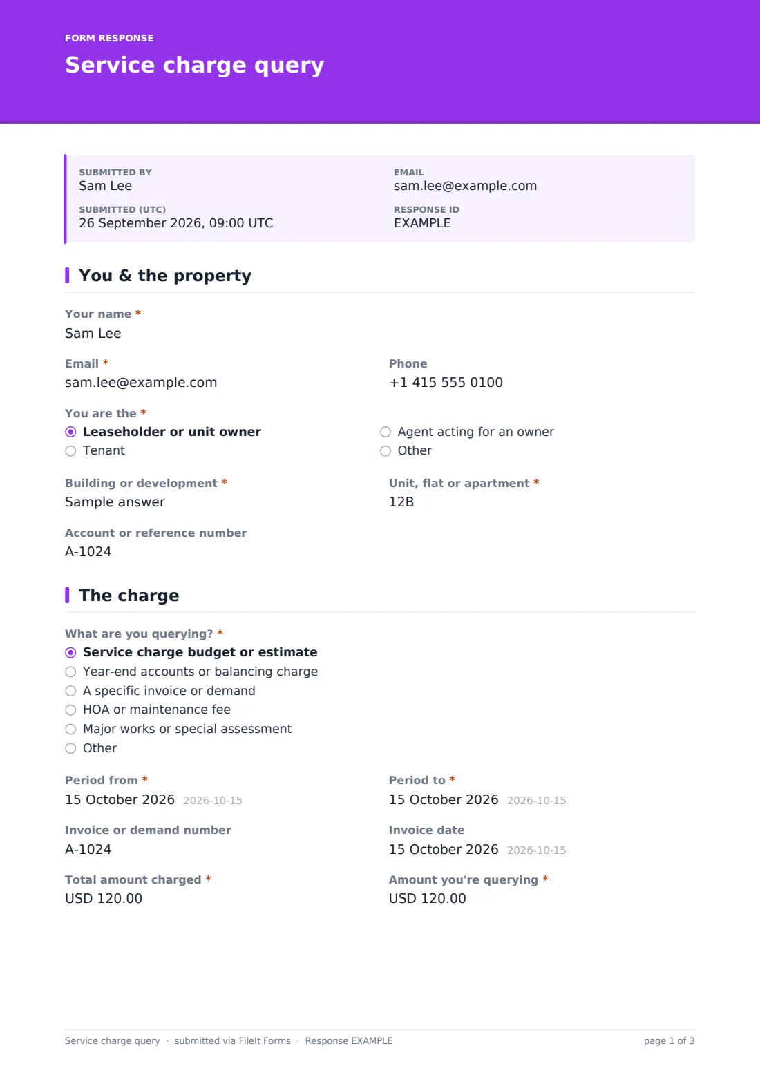 Service charge query — example response PDF, page 1 of 3