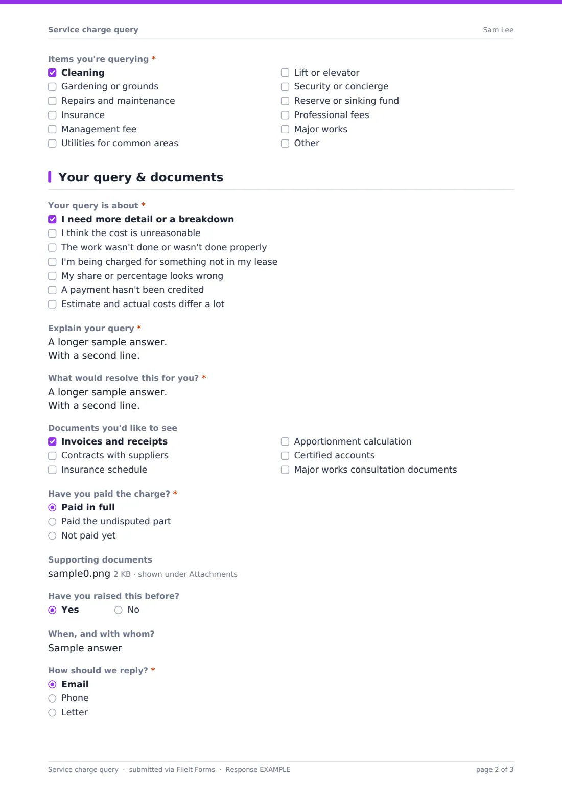 Service charge query — example response PDF, page 2 of 3