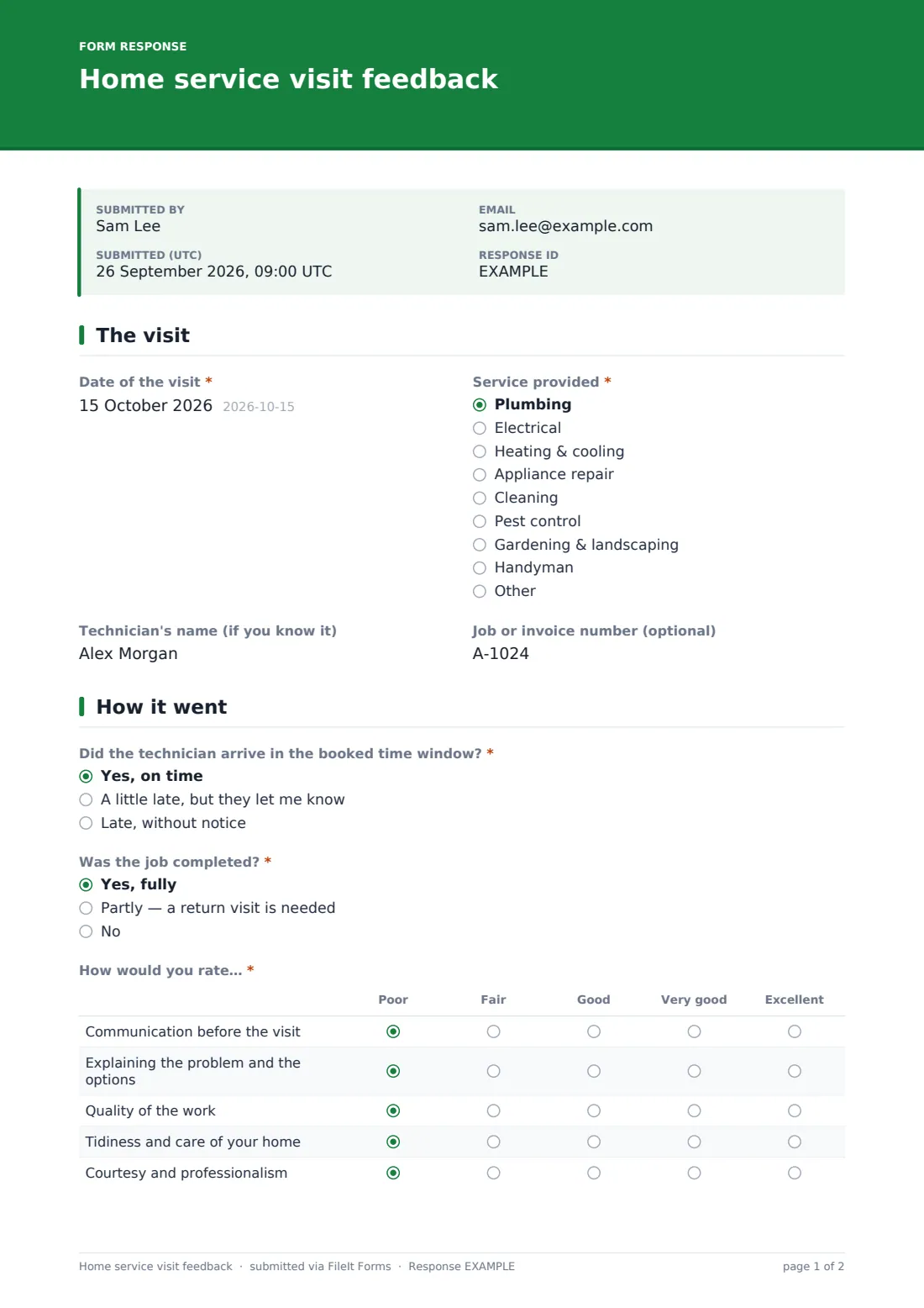 Home service visit feedback — example response PDF, page 1 of 2