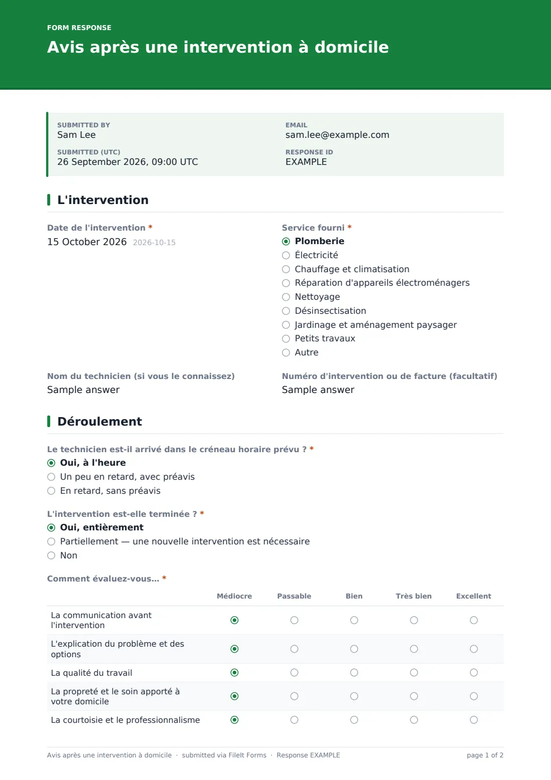 Avis après une intervention à domicile — exemple de réponse au format PDF, page 1 sur 2