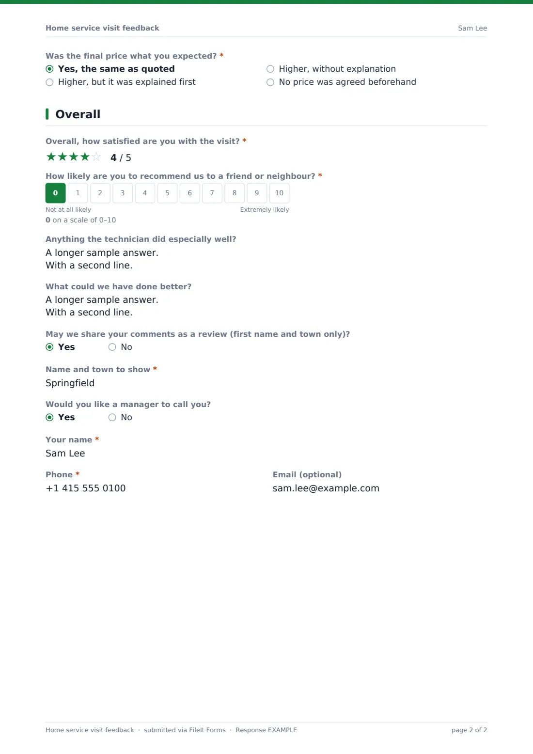 Home service visit feedback — example response PDF, page 2 of 2