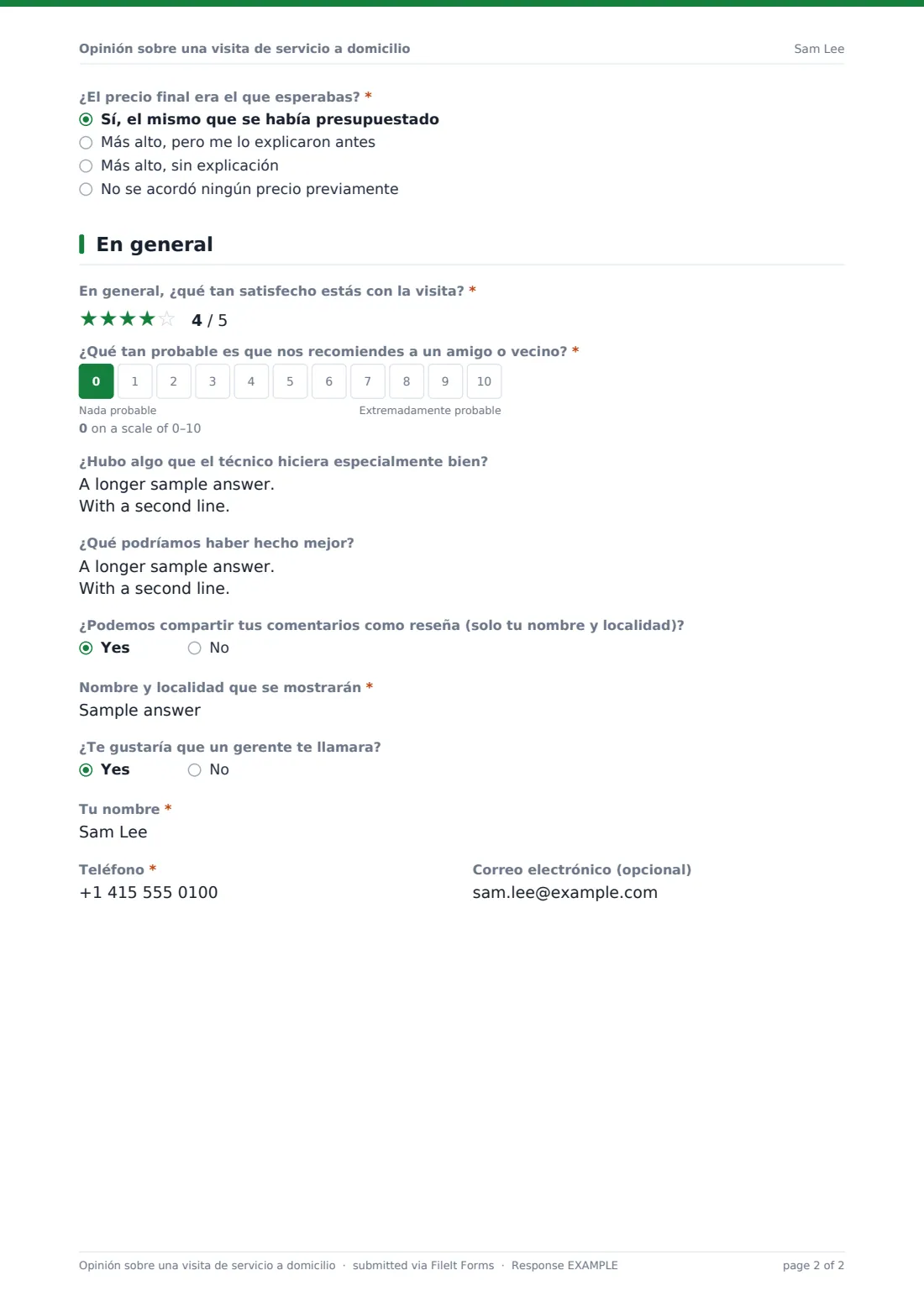 Opinión sobre una visita de servicio a domicilio — PDF de respuesta de ejemplo, página 2 de 2