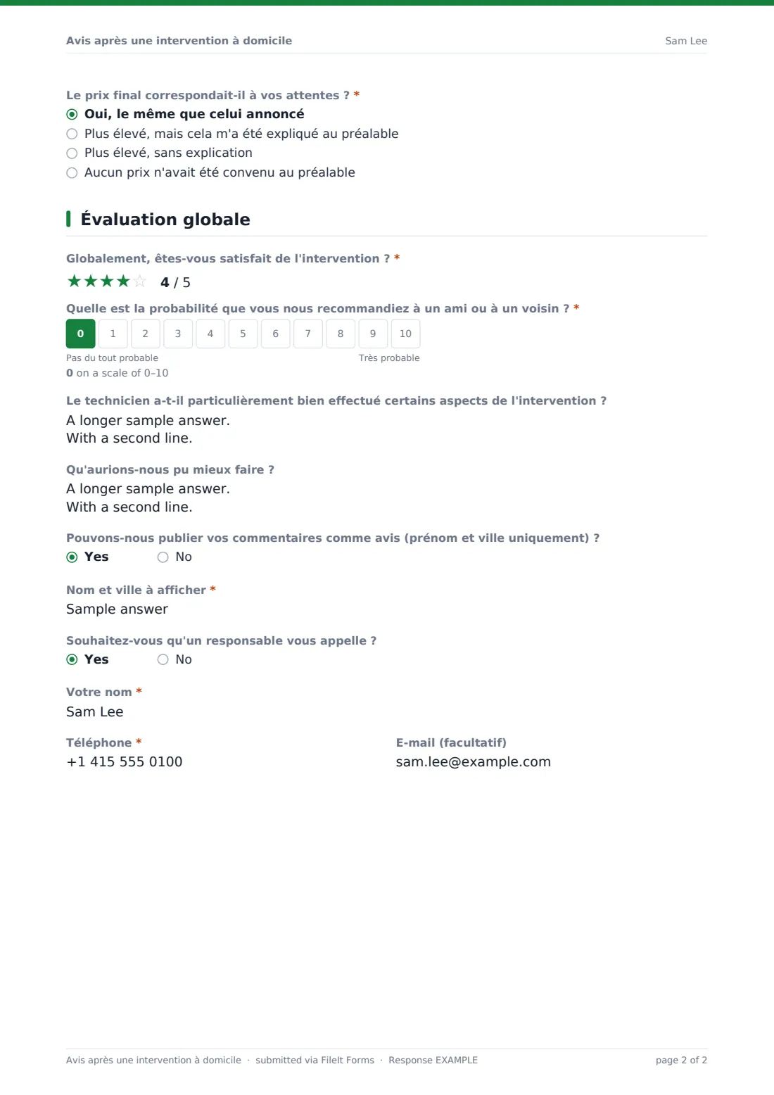 Avis après une intervention à domicile — exemple de réponse au format PDF, page 2 sur 2