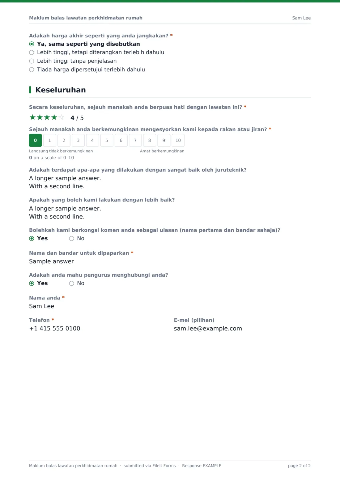 Maklum balas lawatan perkhidmatan rumah — PDF respons contoh, halaman 2 daripada 2
