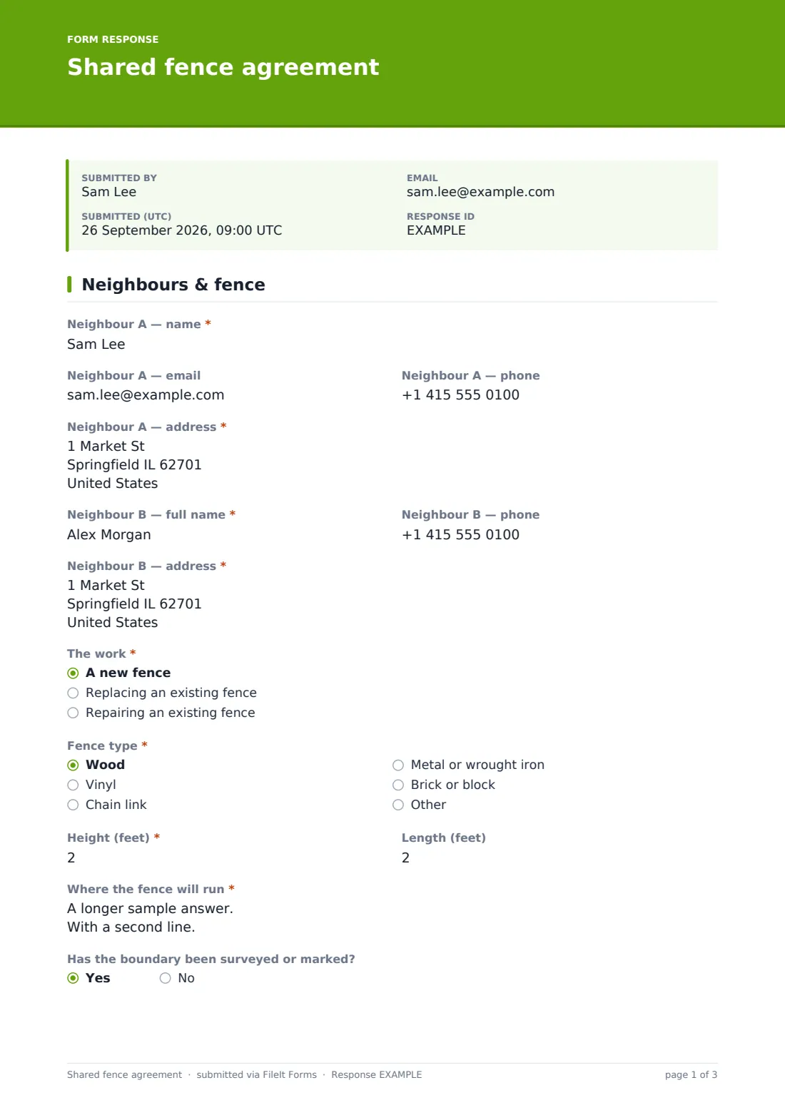 Shared fence agreement — example response PDF, page 1 of 3