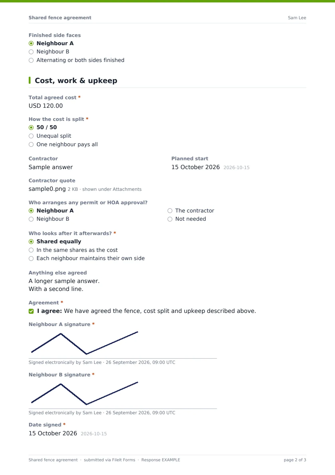 Shared fence agreement — example response PDF, page 2 of 3