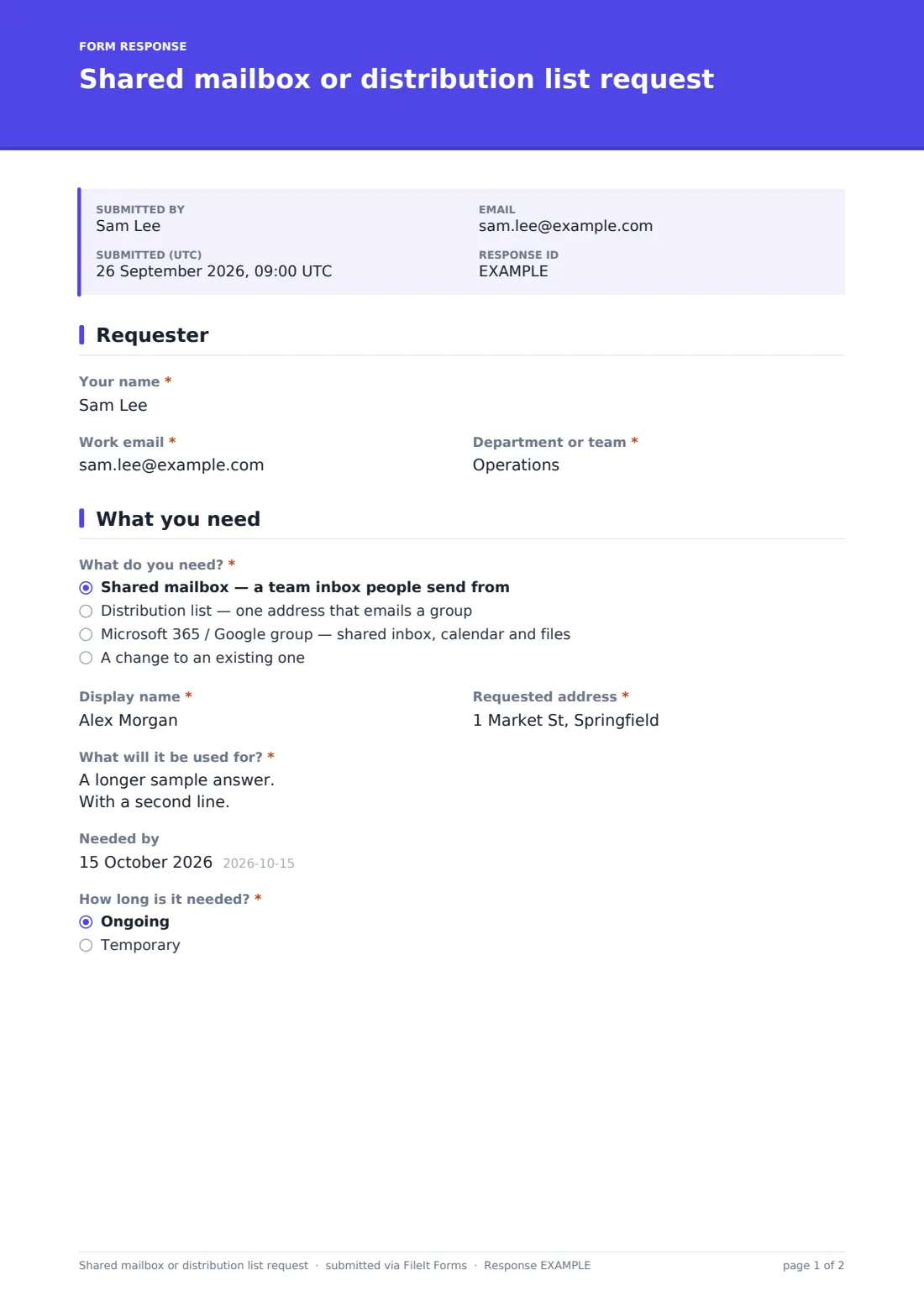 Shared mailbox or distribution list request — example response PDF, page 1 of 2