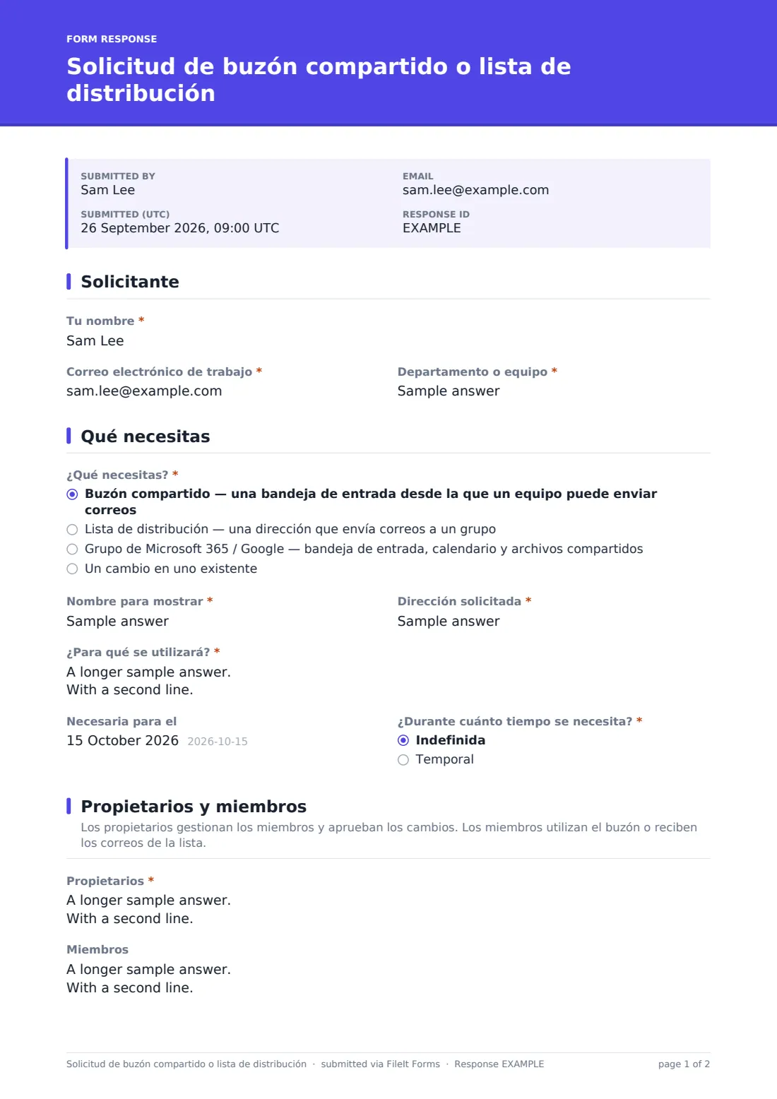 Solicitud de buzón compartido o lista de distribución — PDF de respuesta de ejemplo, página 1 de 2