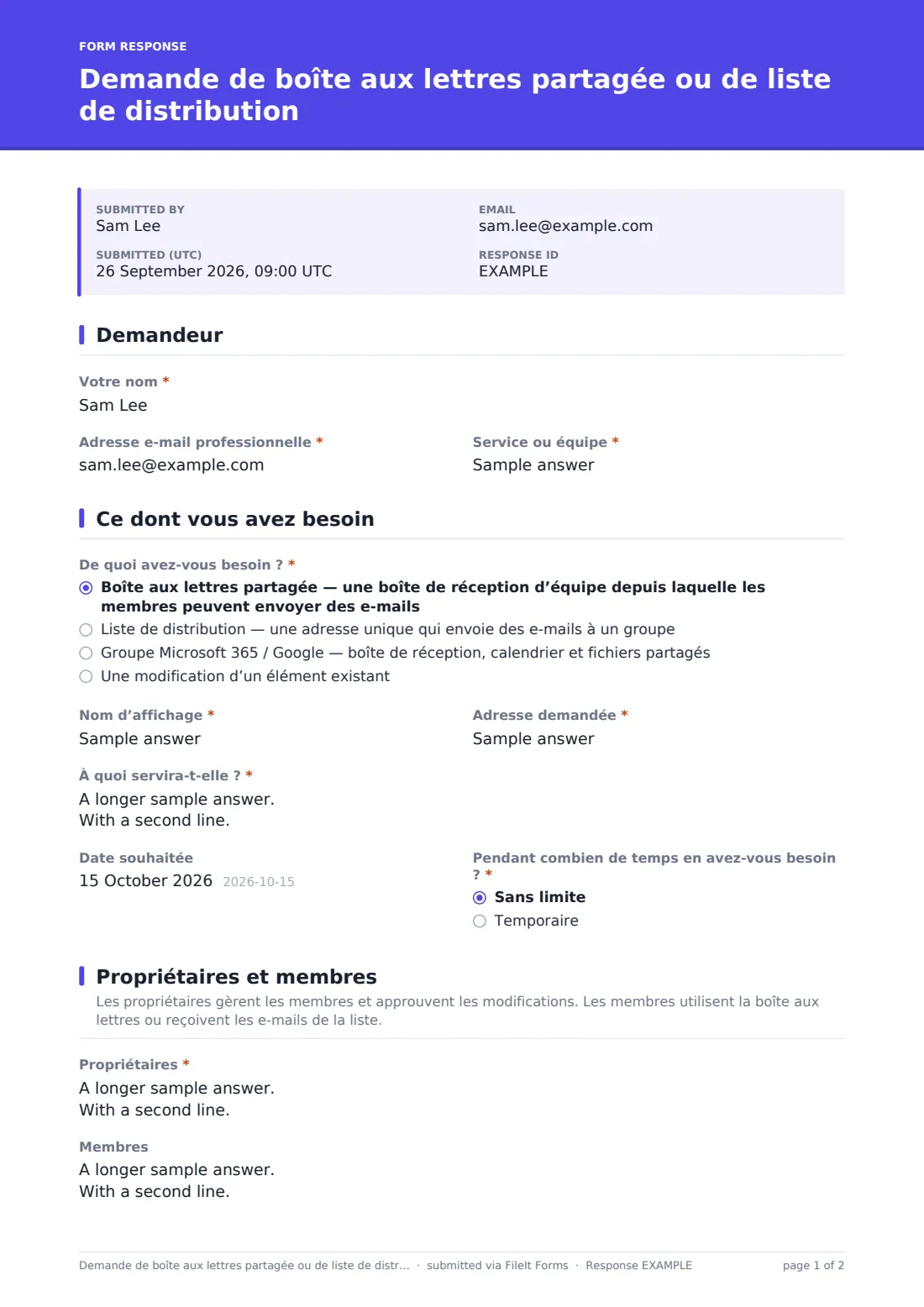 Demande de boîte aux lettres partagée ou de liste de distribution — exemple de réponse au format PDF, page 1 sur 2
