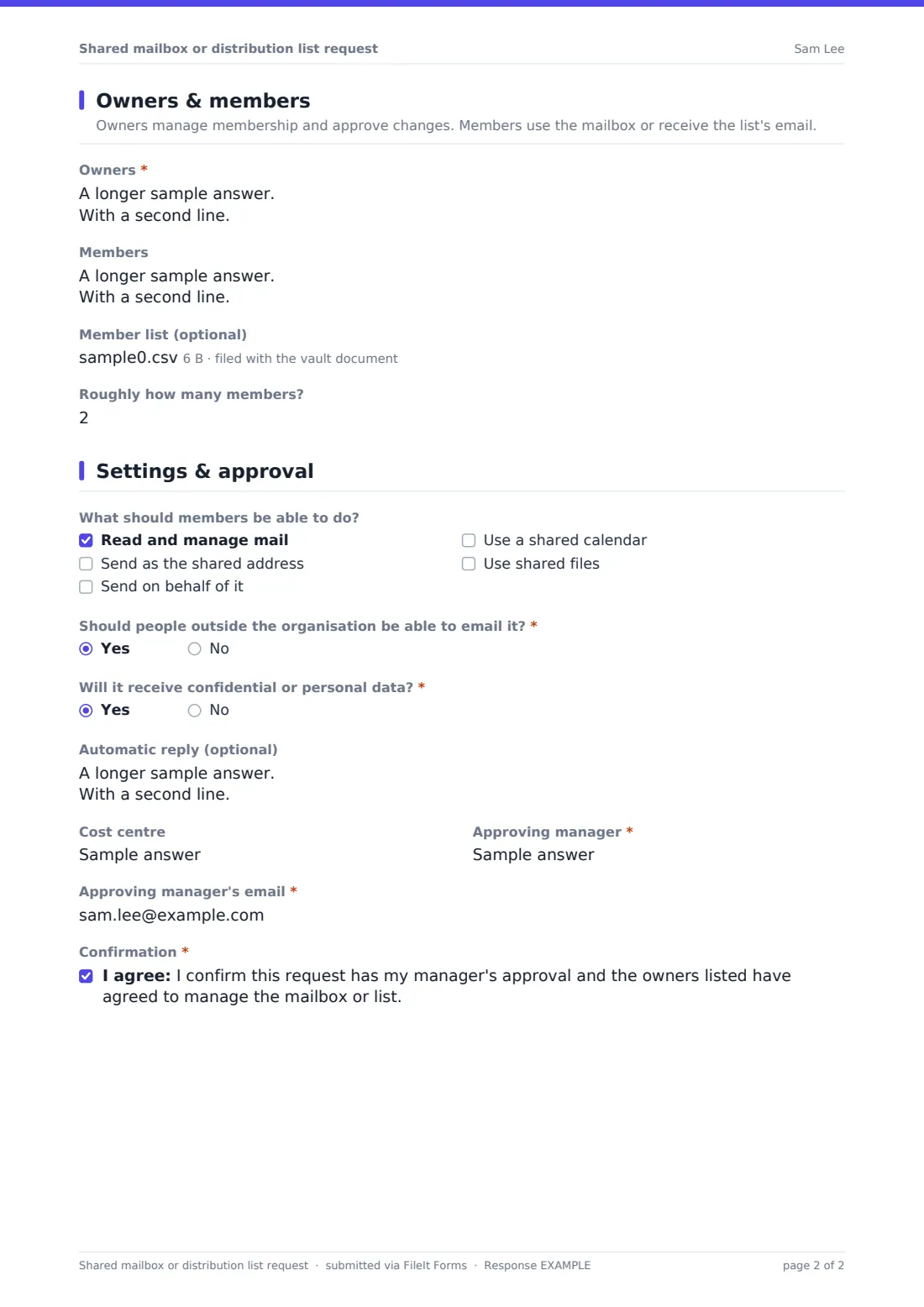 Shared mailbox or distribution list request — example response PDF, page 2 of 2