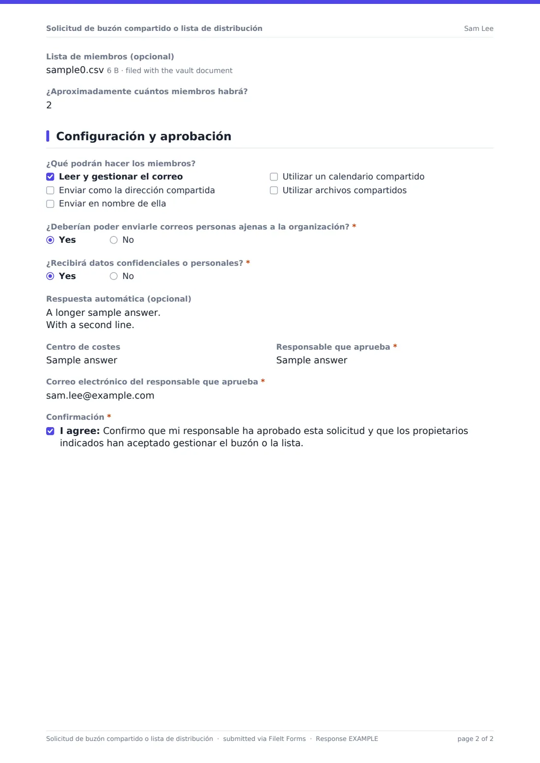 Solicitud de buzón compartido o lista de distribución — PDF de respuesta de ejemplo, página 2 de 2