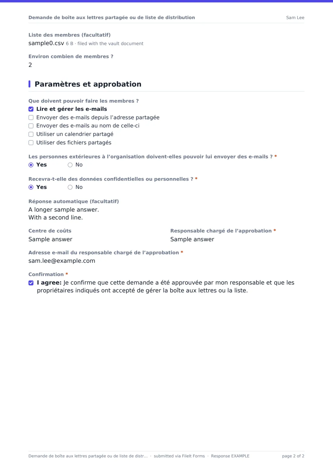 Demande de boîte aux lettres partagée ou de liste de distribution — exemple de réponse au format PDF, page 2 sur 2