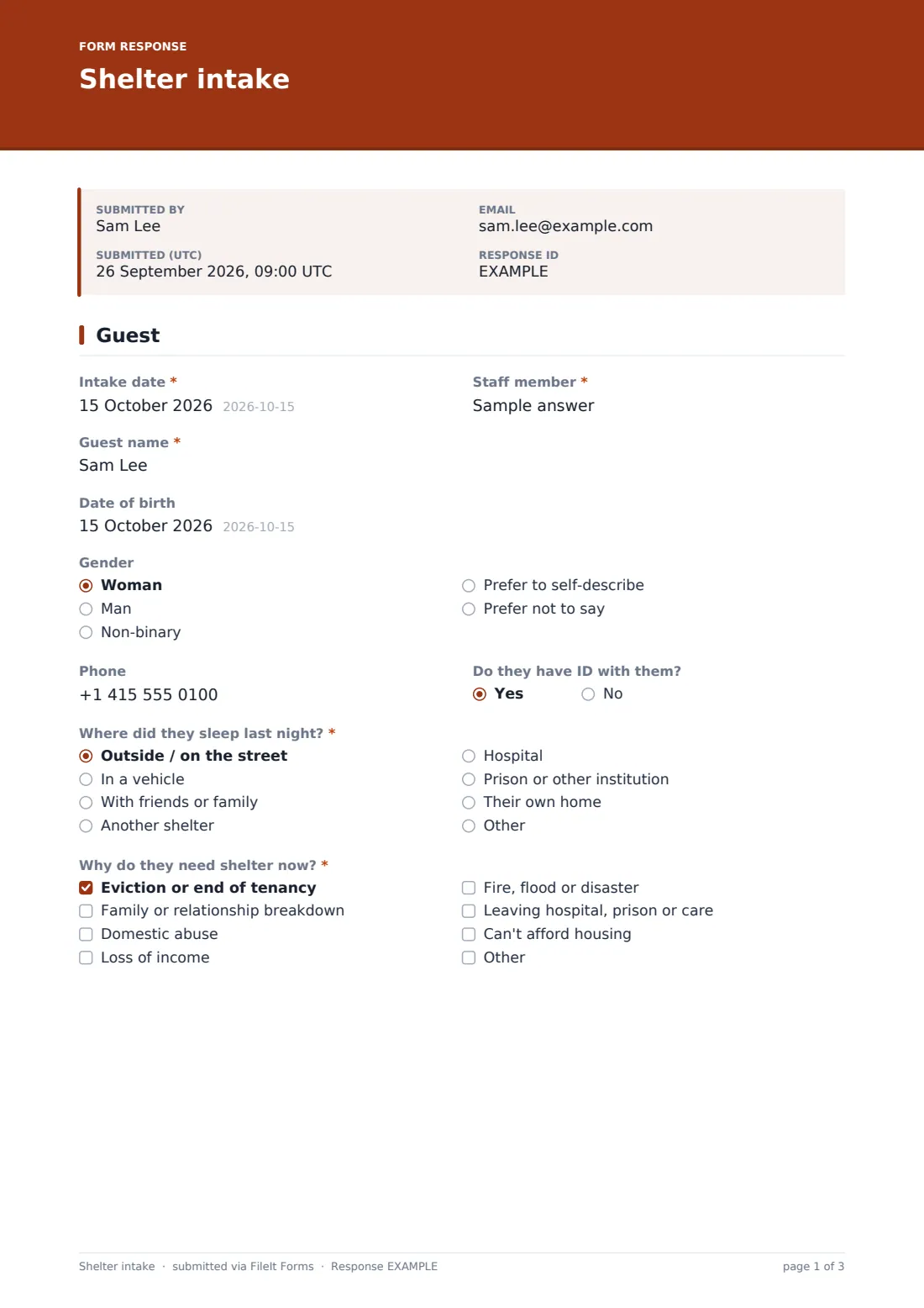 Shelter intake — example response PDF, page 1 of 3