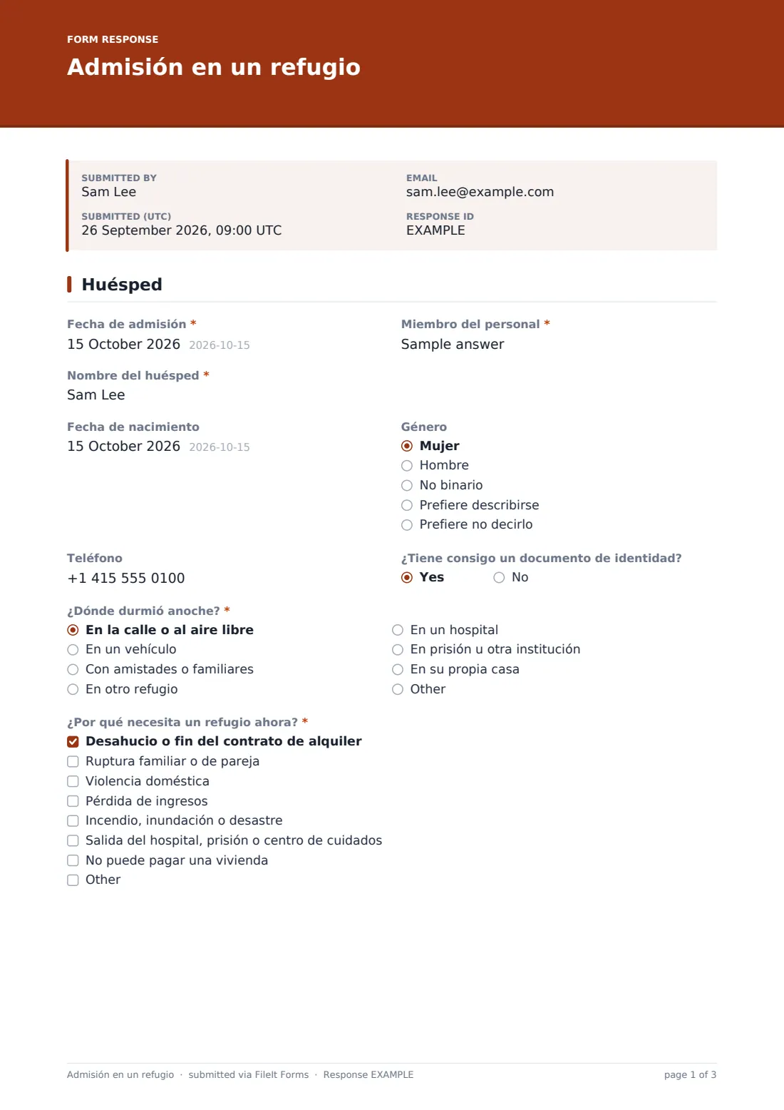 Admisión en un refugio — PDF de respuesta de ejemplo, página 1 de 3