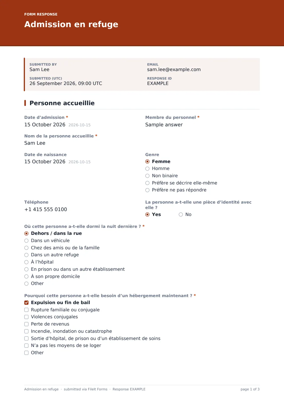 Admission en refuge — exemple de réponse au format PDF, page 1 sur 3