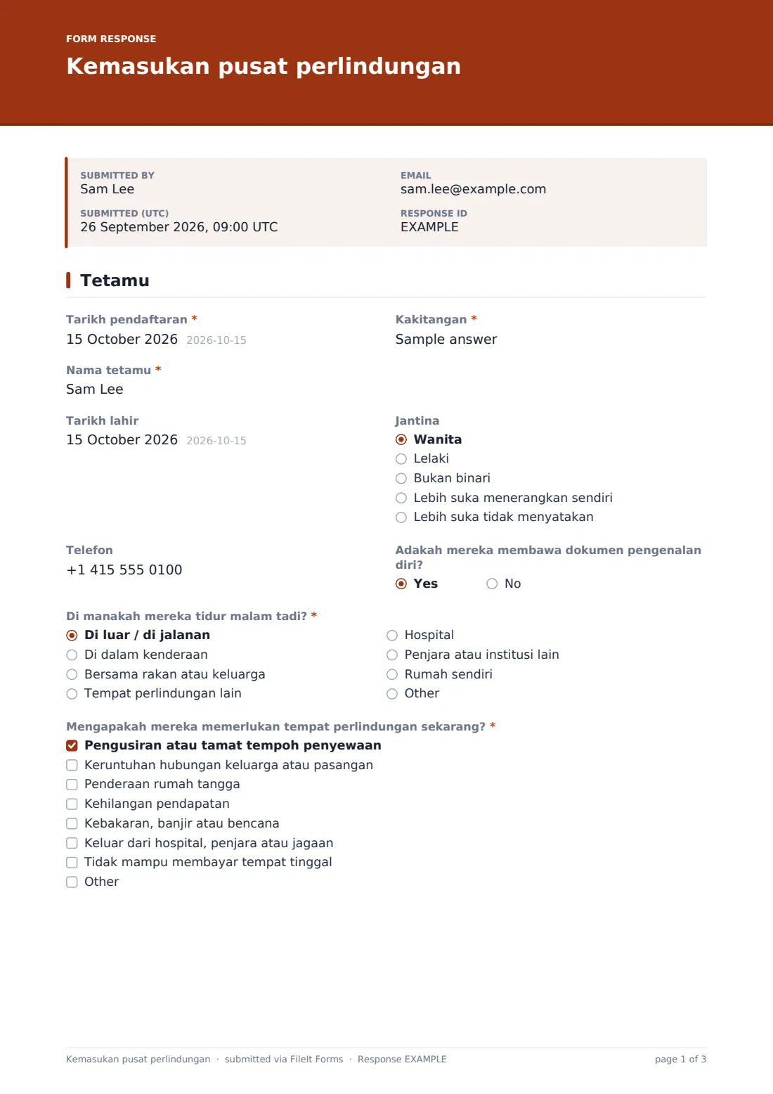 Kemasukan pusat perlindungan — PDF respons contoh, halaman 1 daripada 3