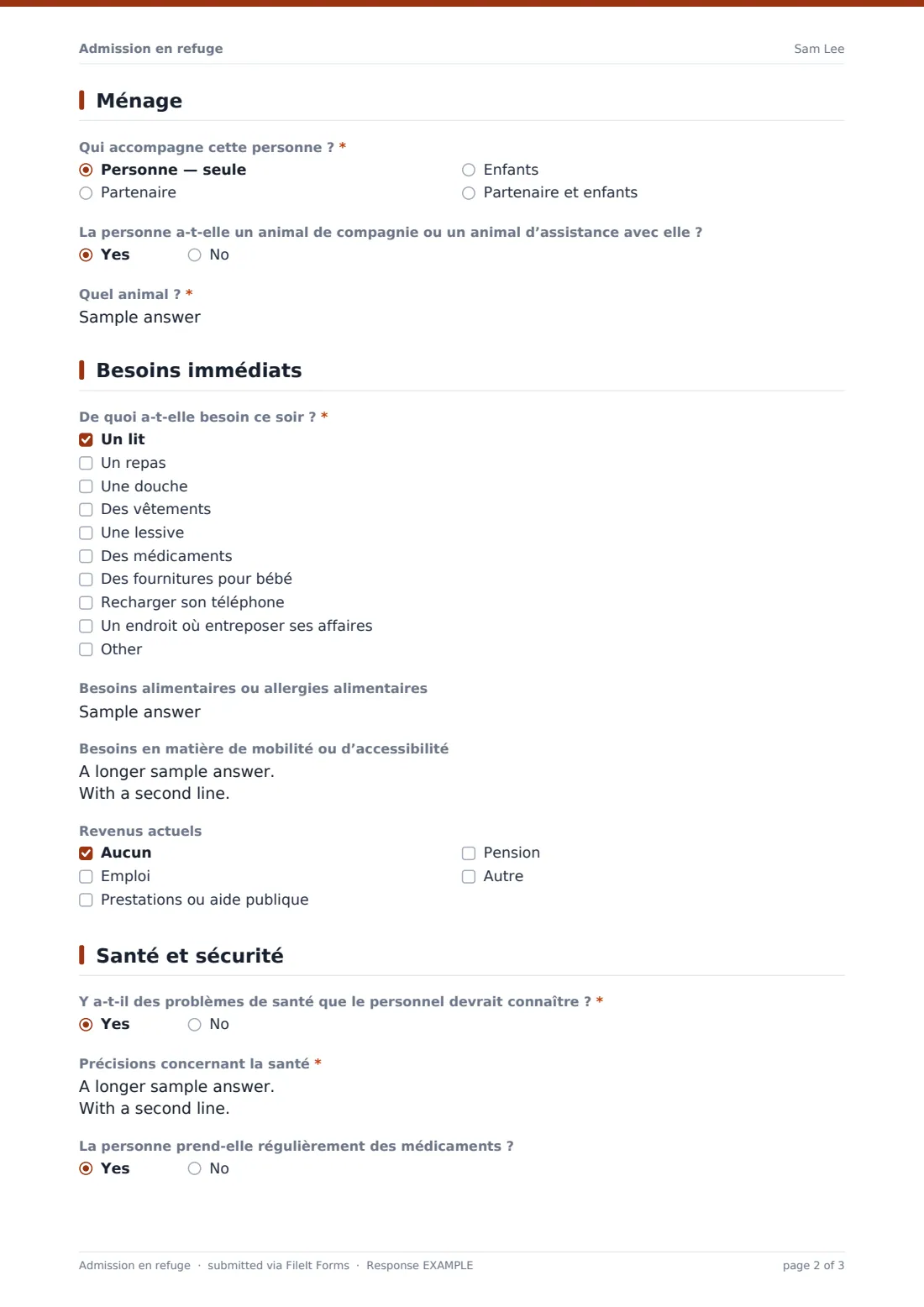 Admission en refuge — exemple de réponse au format PDF, page 2 sur 3
