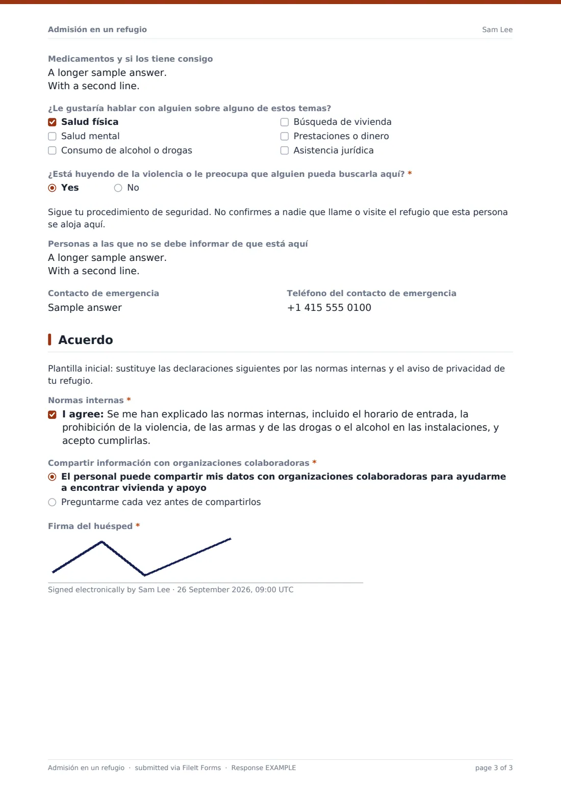 Admisión en un refugio — PDF de respuesta de ejemplo, página 3 de 3