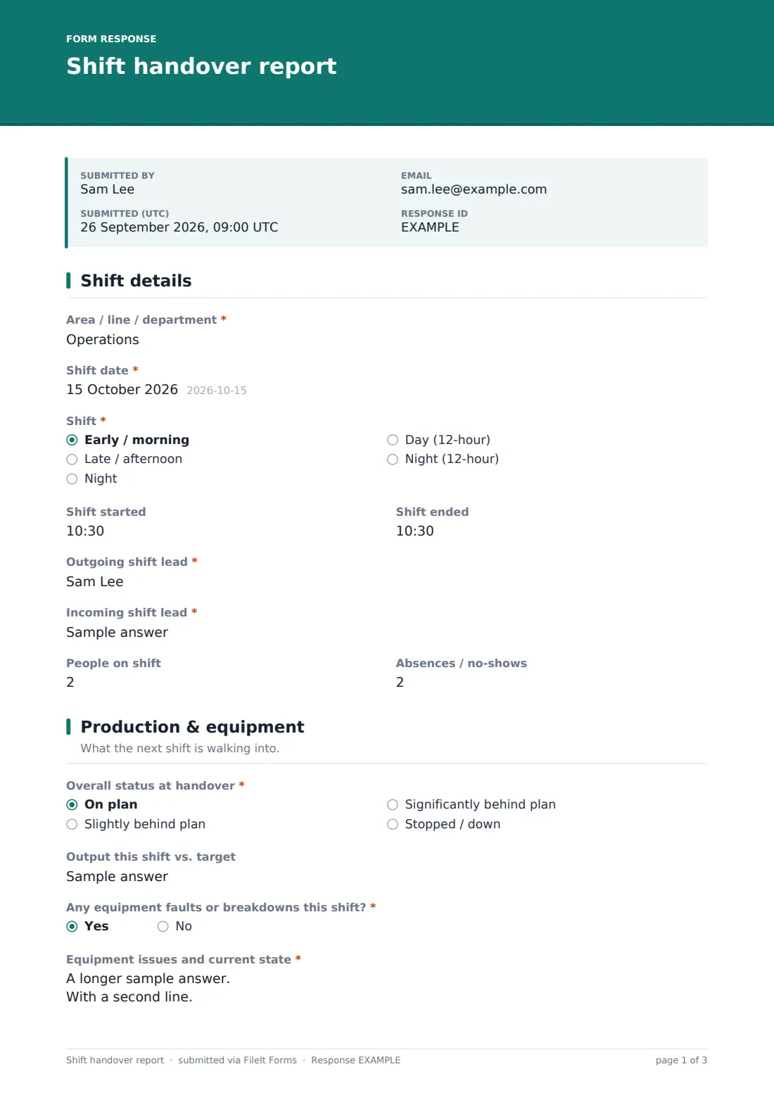 Shift handover report — example response PDF, page 1 of 3