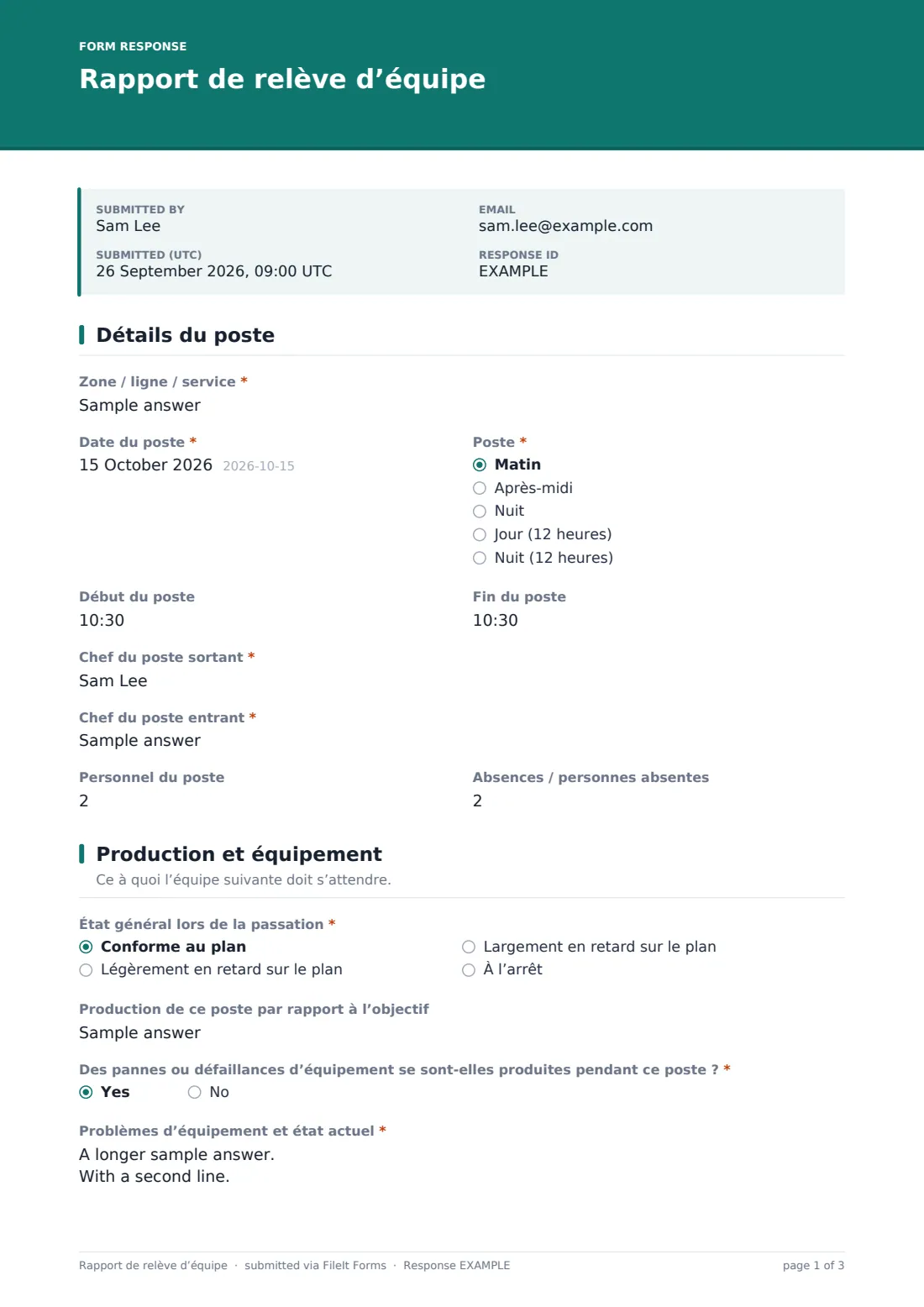 Rapport de relève d’équipe — exemple de réponse au format PDF, page 1 sur 3