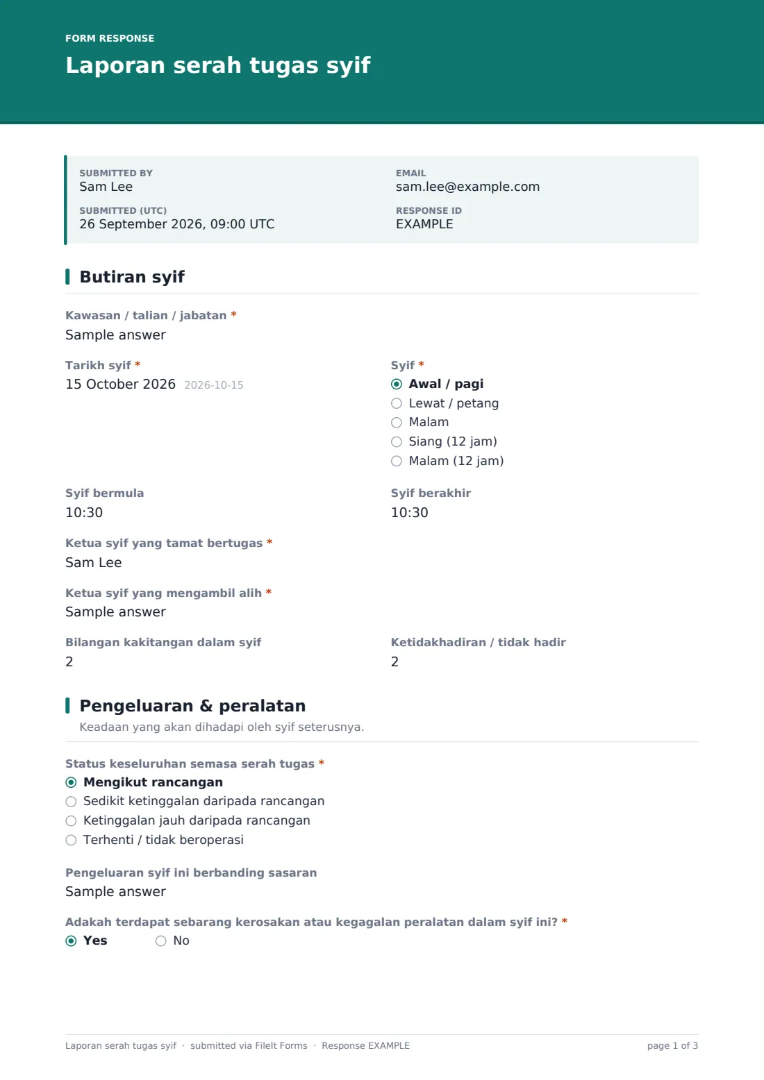 Laporan serah tugas syif — PDF respons contoh, halaman 1 daripada 3