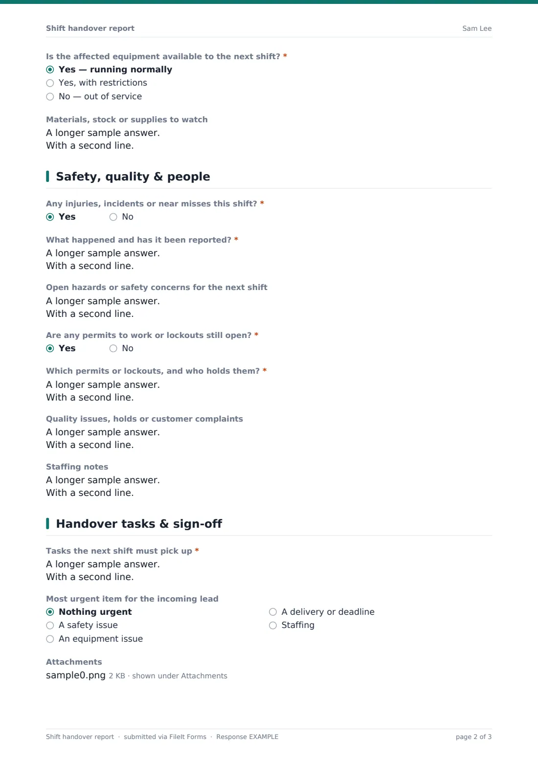 Shift handover report — example response PDF, page 2 of 3