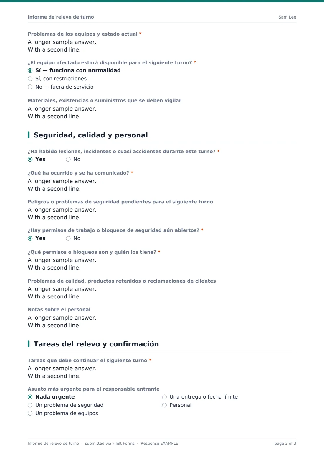 Informe de relevo de turno — PDF de respuesta de ejemplo, página 2 de 3