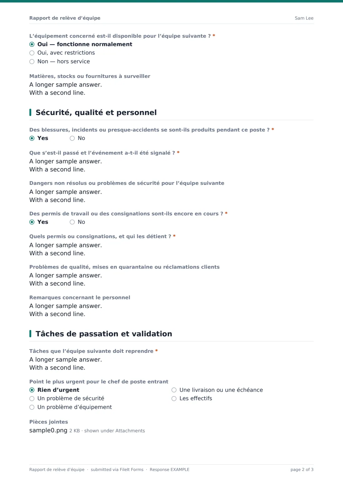 Rapport de relève d’équipe — exemple de réponse au format PDF, page 2 sur 3