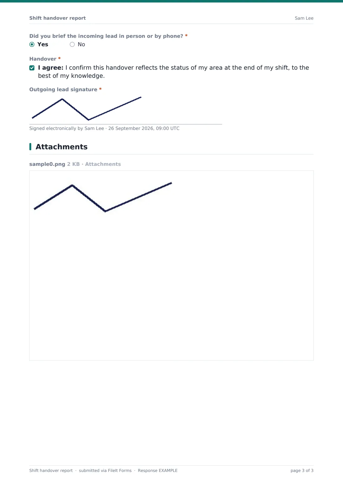 Shift handover report — example response PDF, page 3 of 3