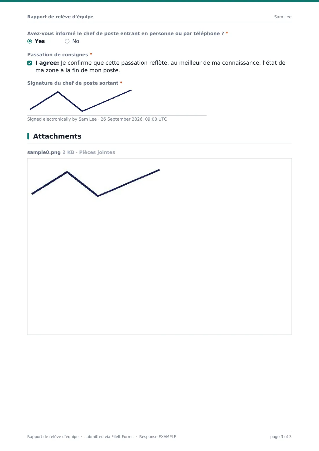 Rapport de relève d’équipe — exemple de réponse au format PDF, page 3 sur 3