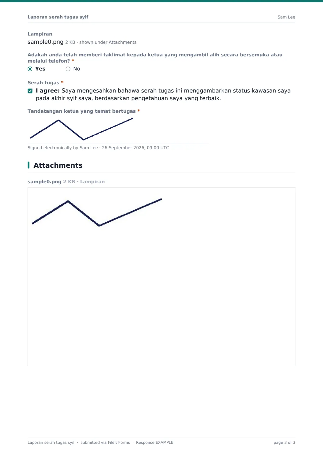 Laporan serah tugas syif — PDF respons contoh, halaman 3 daripada 3