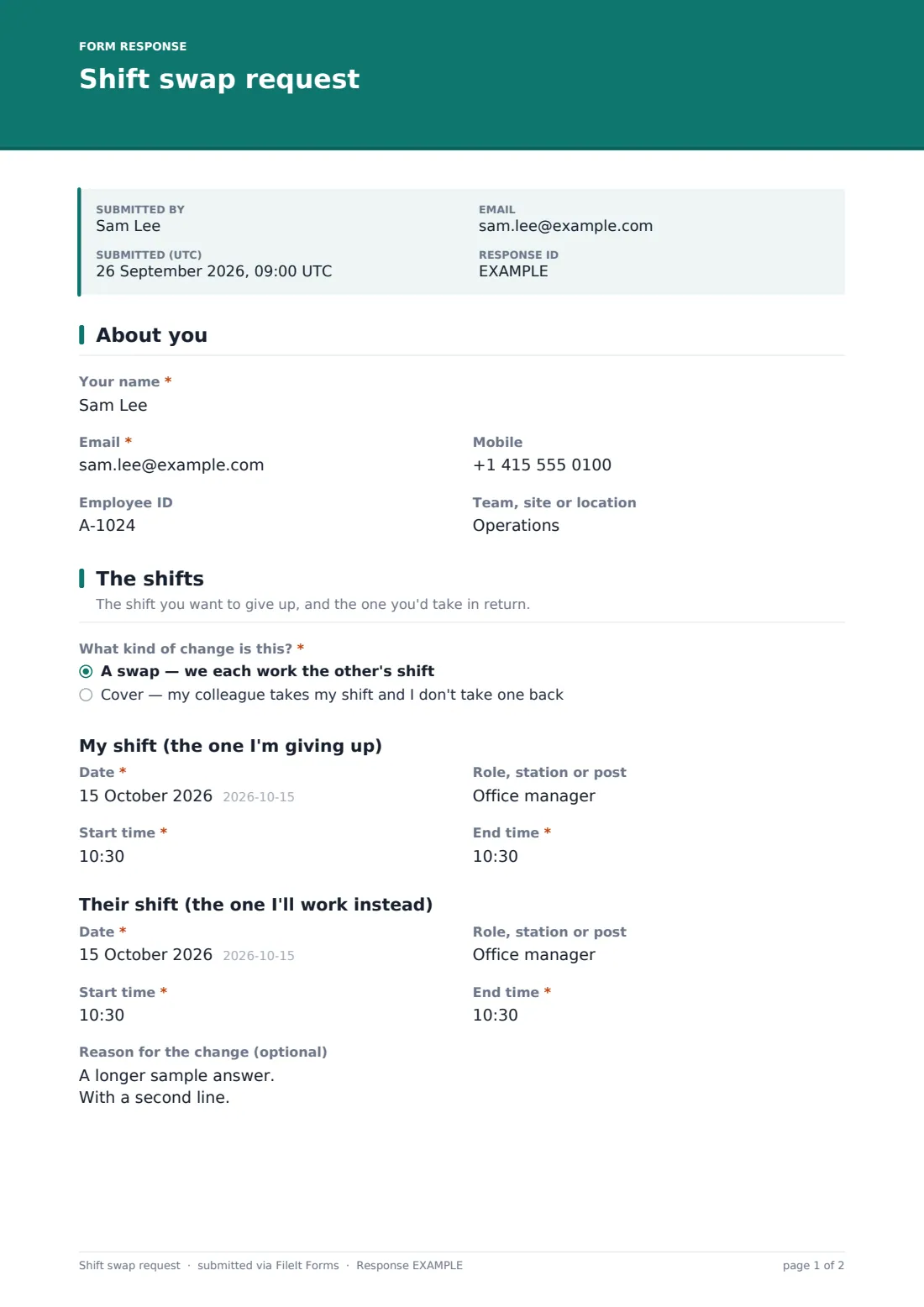 Shift swap request — example response PDF, page 1 of 2