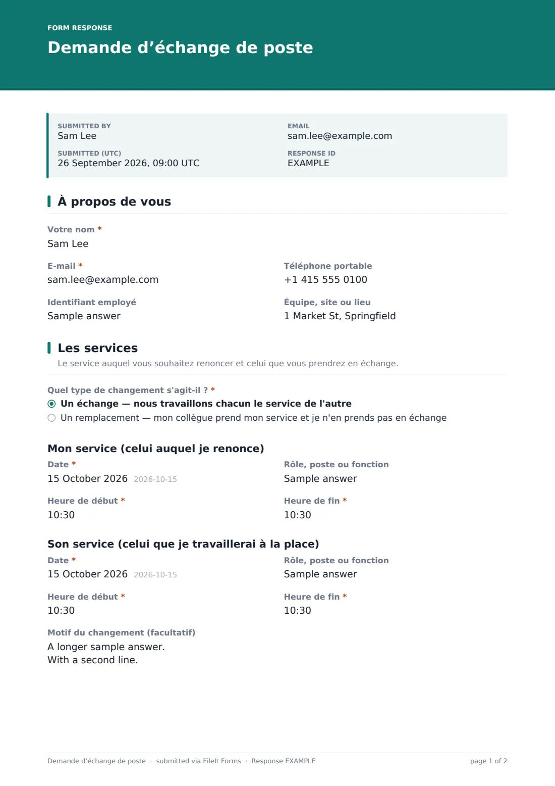 Demande d’échange de poste — exemple de réponse au format PDF, page 1 sur 2