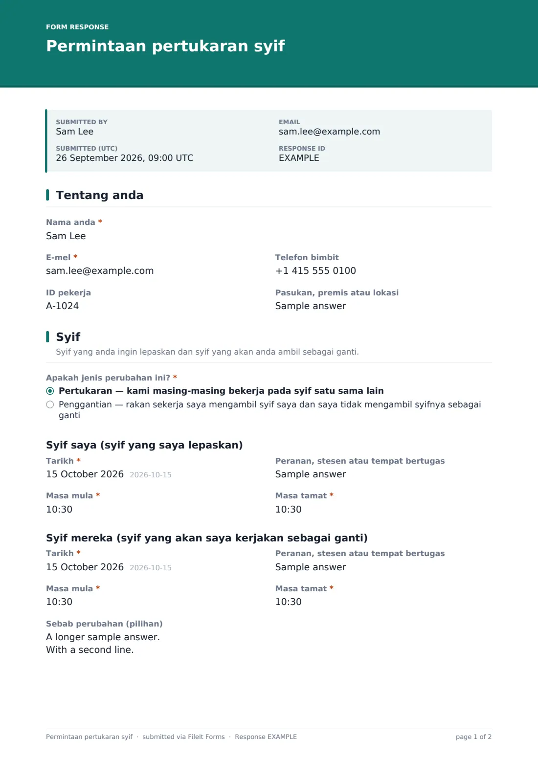 Permintaan pertukaran syif — PDF respons contoh, halaman 1 daripada 2