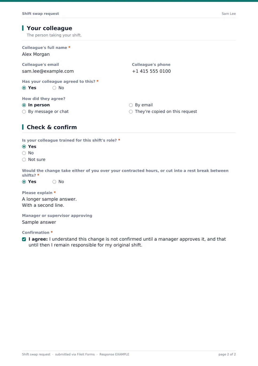 Shift swap request — example response PDF, page 2 of 2