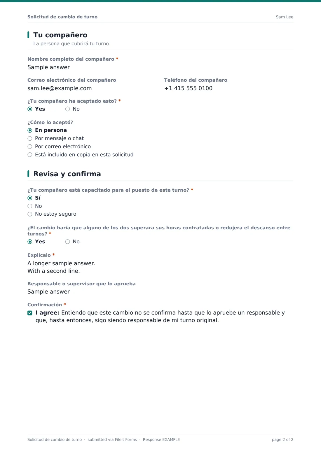 Solicitud de cambio de turno — PDF de respuesta de ejemplo, página 2 de 2