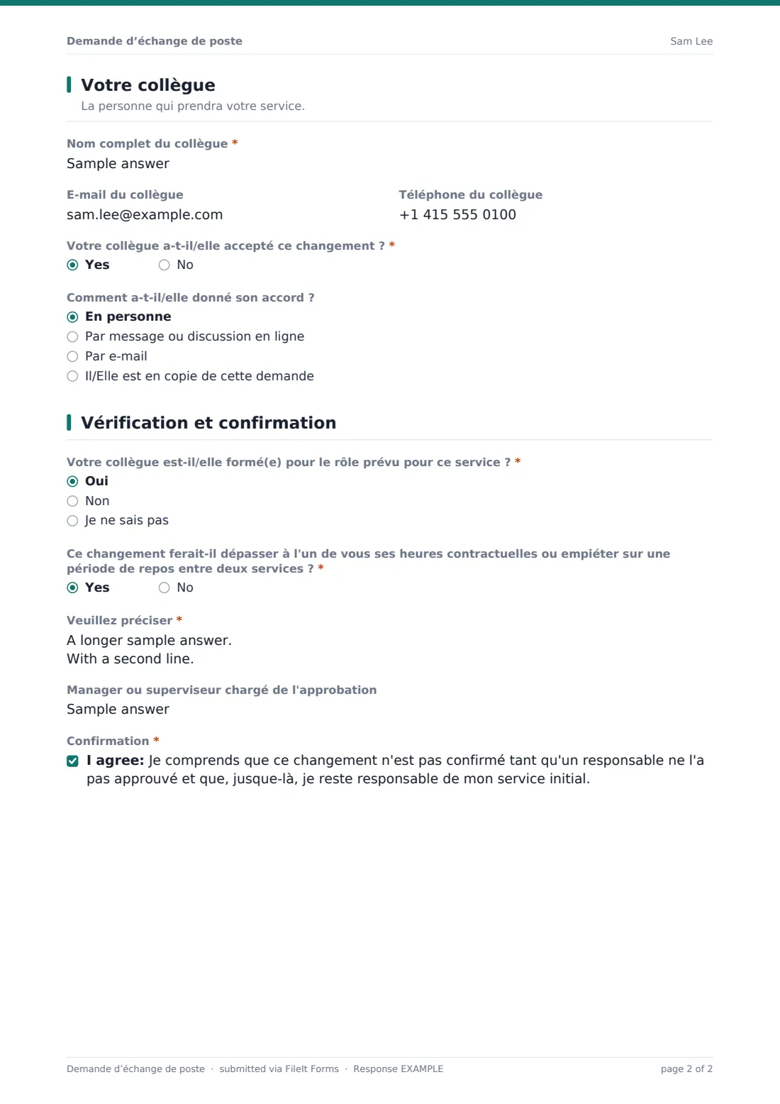 Demande d’échange de poste — exemple de réponse au format PDF, page 2 sur 2