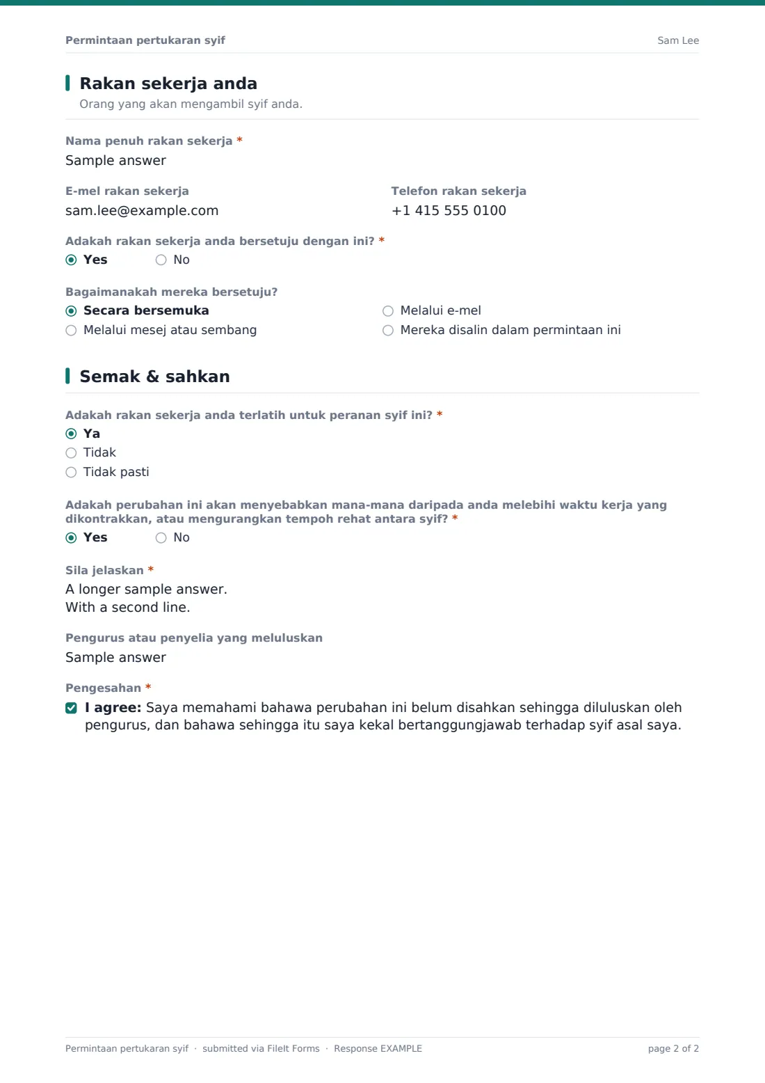 Permintaan pertukaran syif — PDF respons contoh, halaman 2 daripada 2